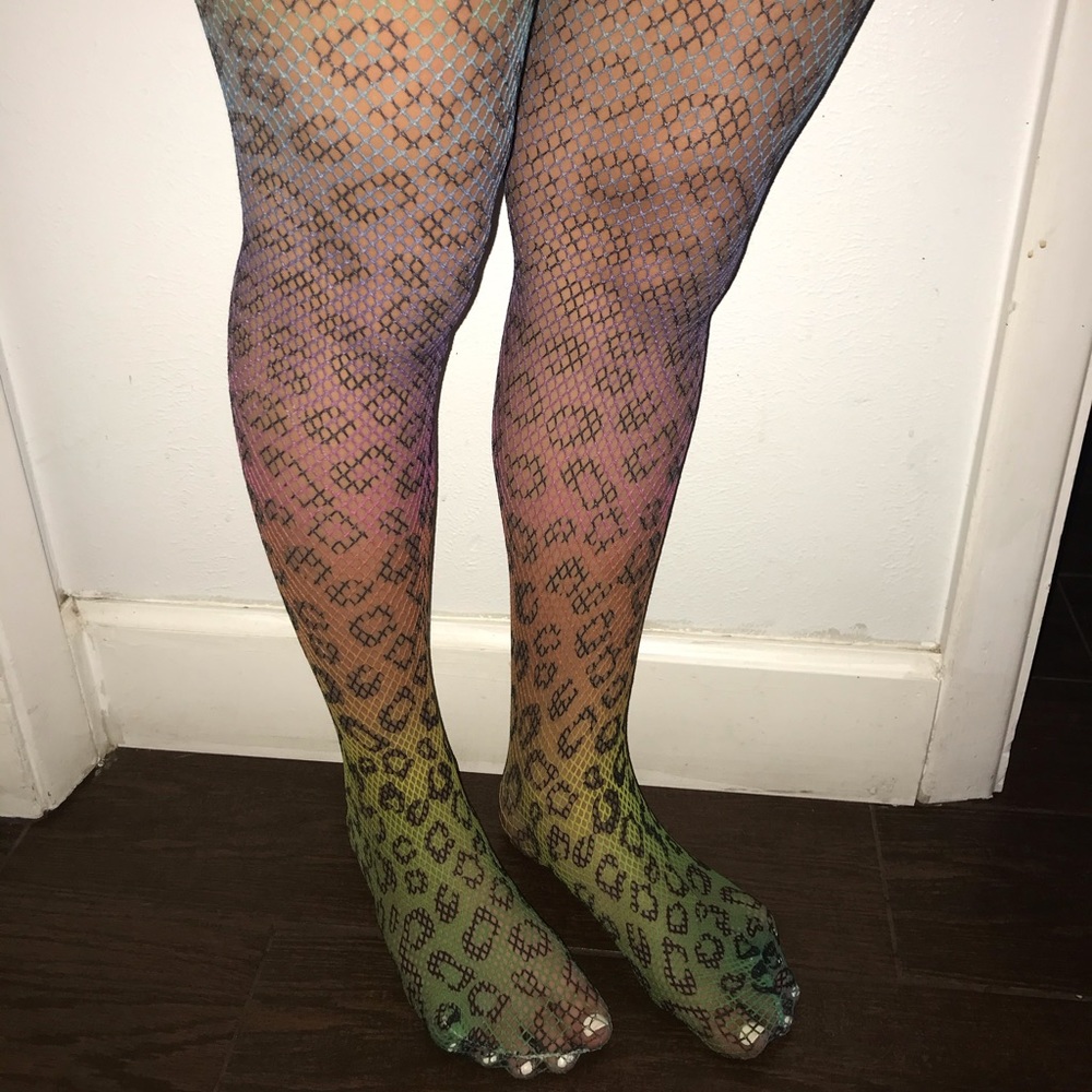 rainbow cheetah print fish net leggings